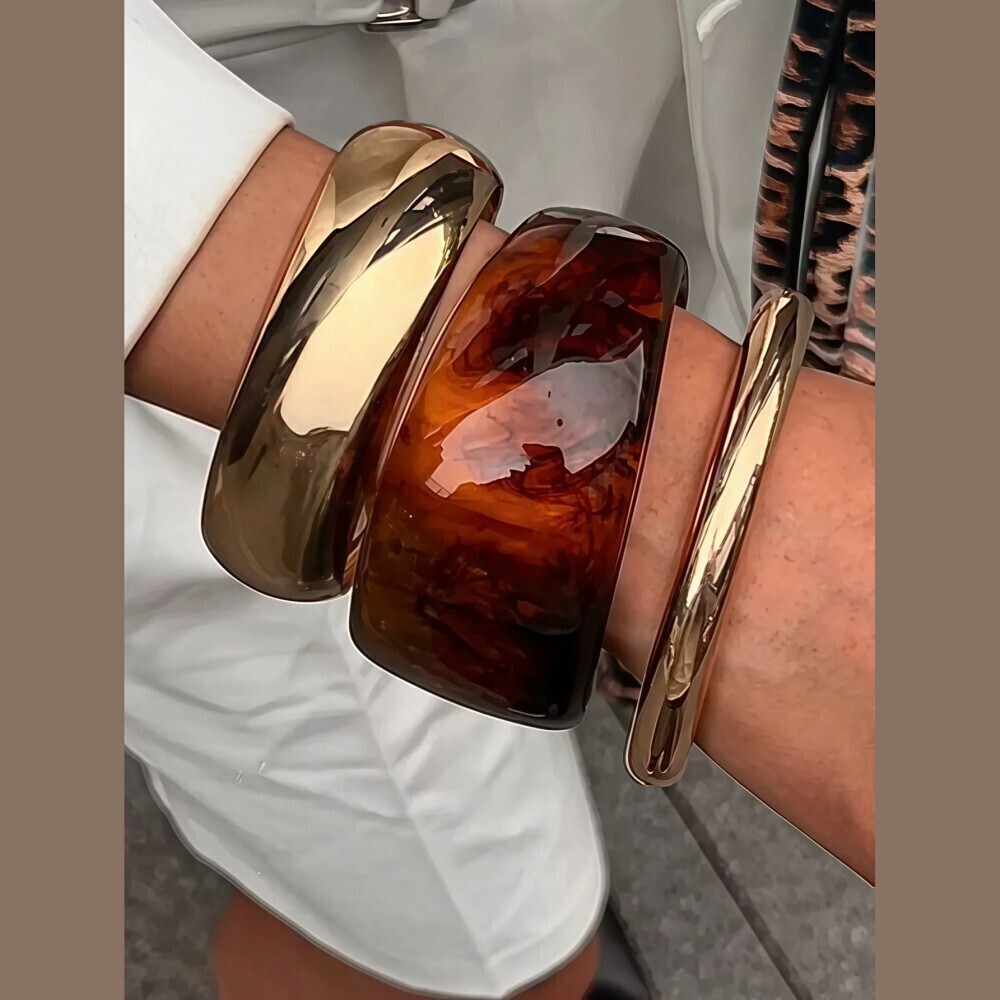 3pc Brown Tortoise & Gold Tone Bangle Bracelet Set